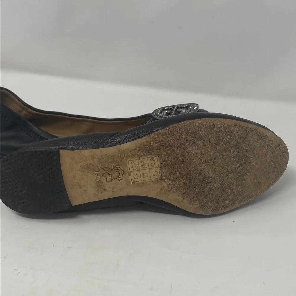 Tory Burch Black Ballet Flats with Silver Rhinestone Logo Size 6.5